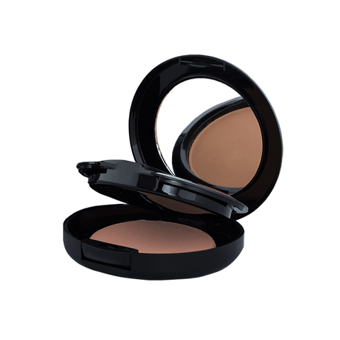 A compact case containing two shades of powder foundation, ideal for customizable coverage and blending. The sleek packaging features a mirror and applicator for convenient on-the-go touch-ups.