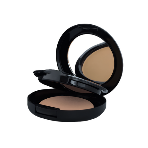 A compact case containing two shades of powder foundation, ideal for customizable coverage and blending. The sleek packaging features a mirror and applicator for convenient on-the-go touch-ups.